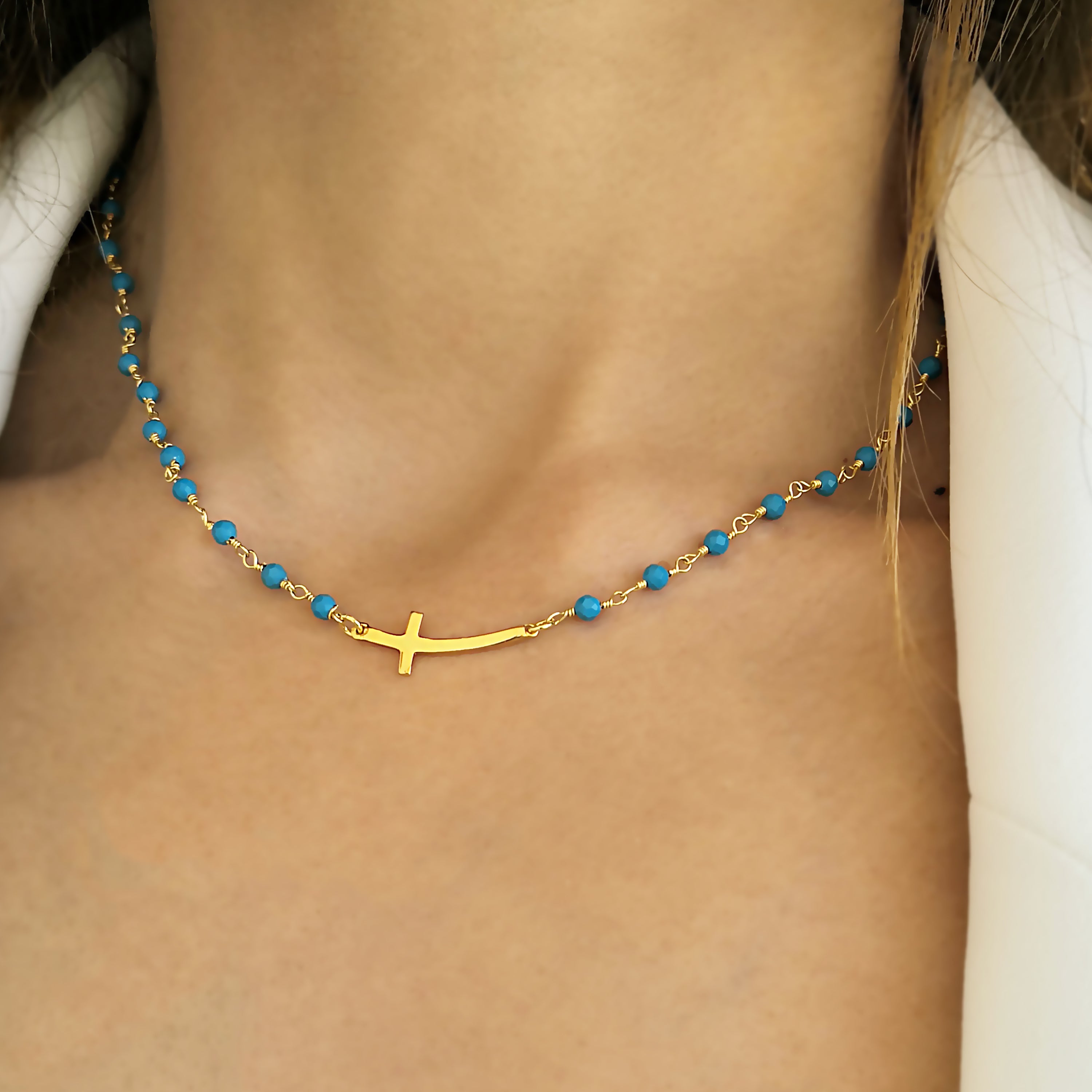 Side Cross Necklace with Tiny Cross Pendant & Turquoise gems