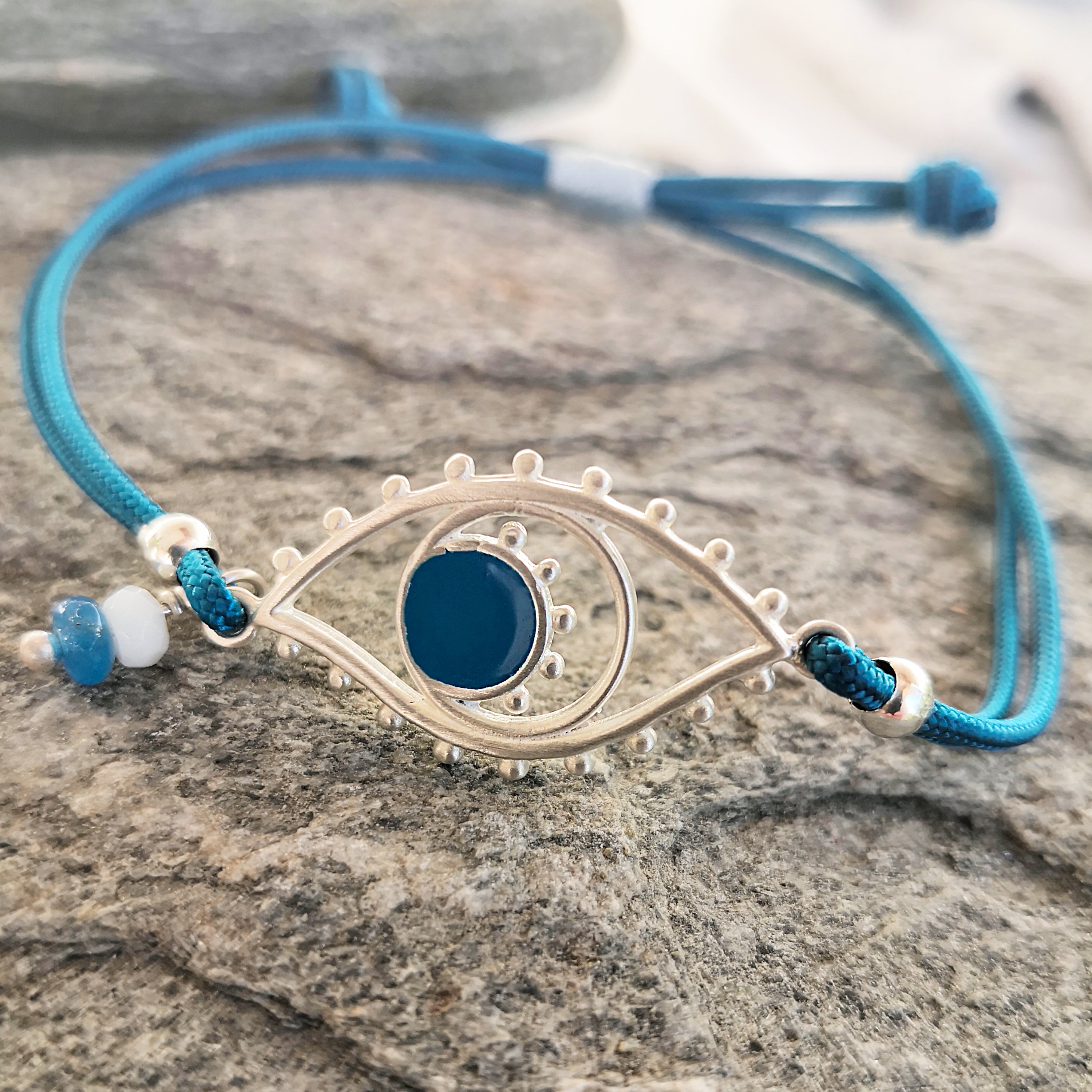 Silver Evil Eye Bracelet with Macrame