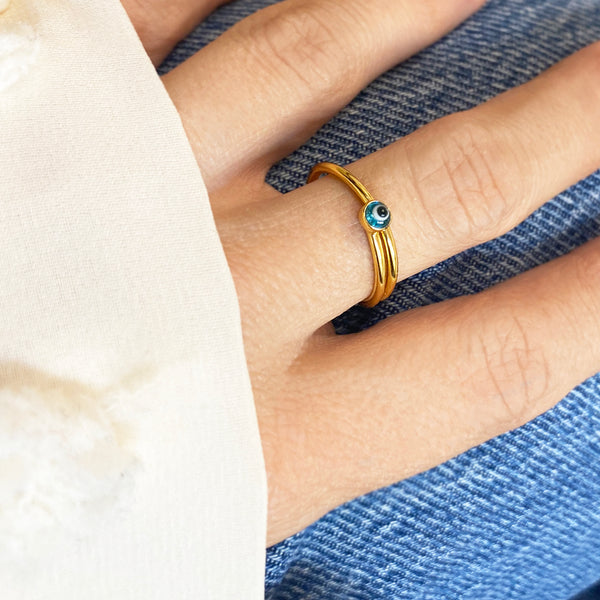 Gold Evil Eye Ring! Adjustable Minimalist Ring! Sterling Silver 925