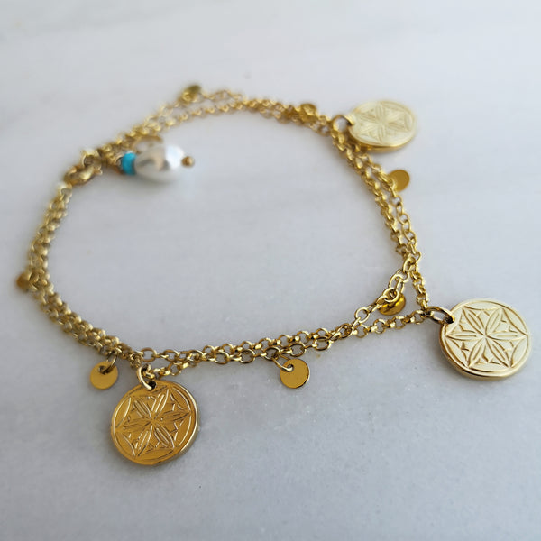 Gold Coin Bracelet with greek coins and drop pearls