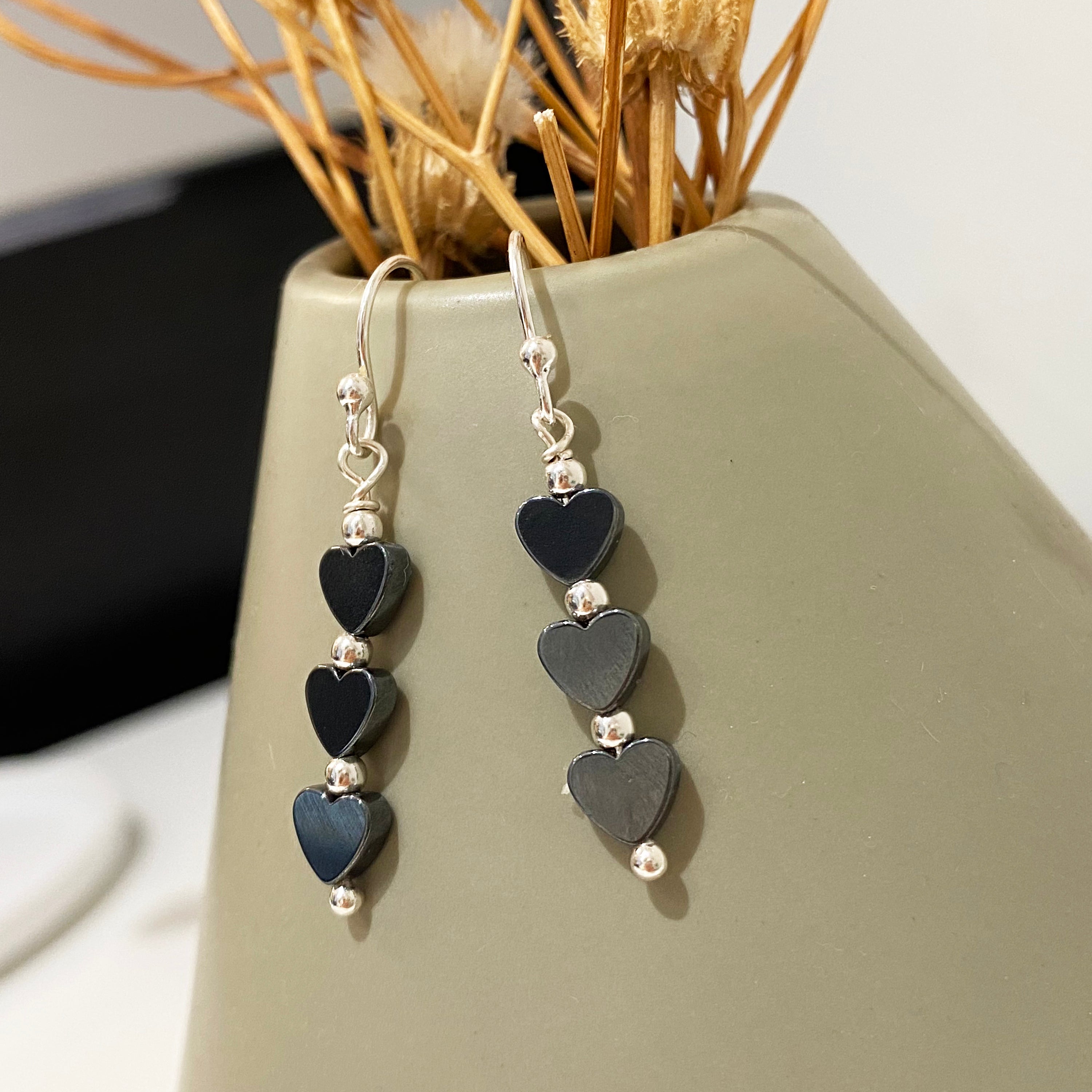 Minimalist Heart Earrings with black hematite gemstone