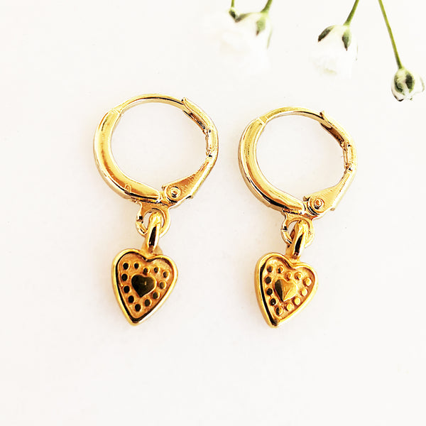 Gold Hoop Earrings with HEART charms