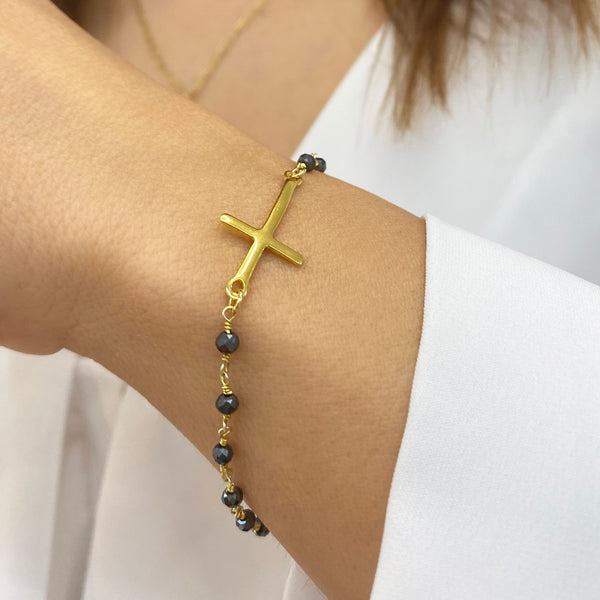 Gold Cross Bracelet - Hematite Bracelet