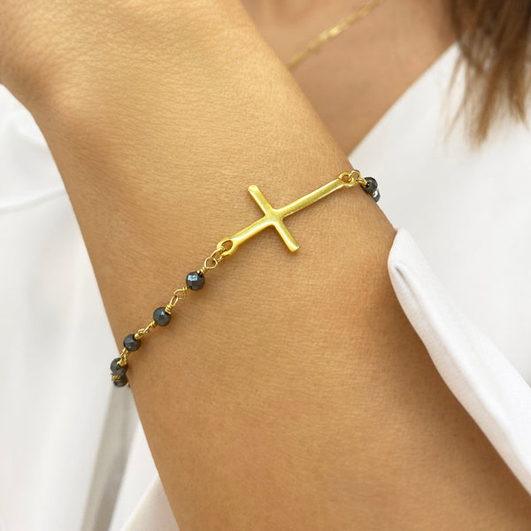 Gold Cross Bracelet - Hematite Bracelet