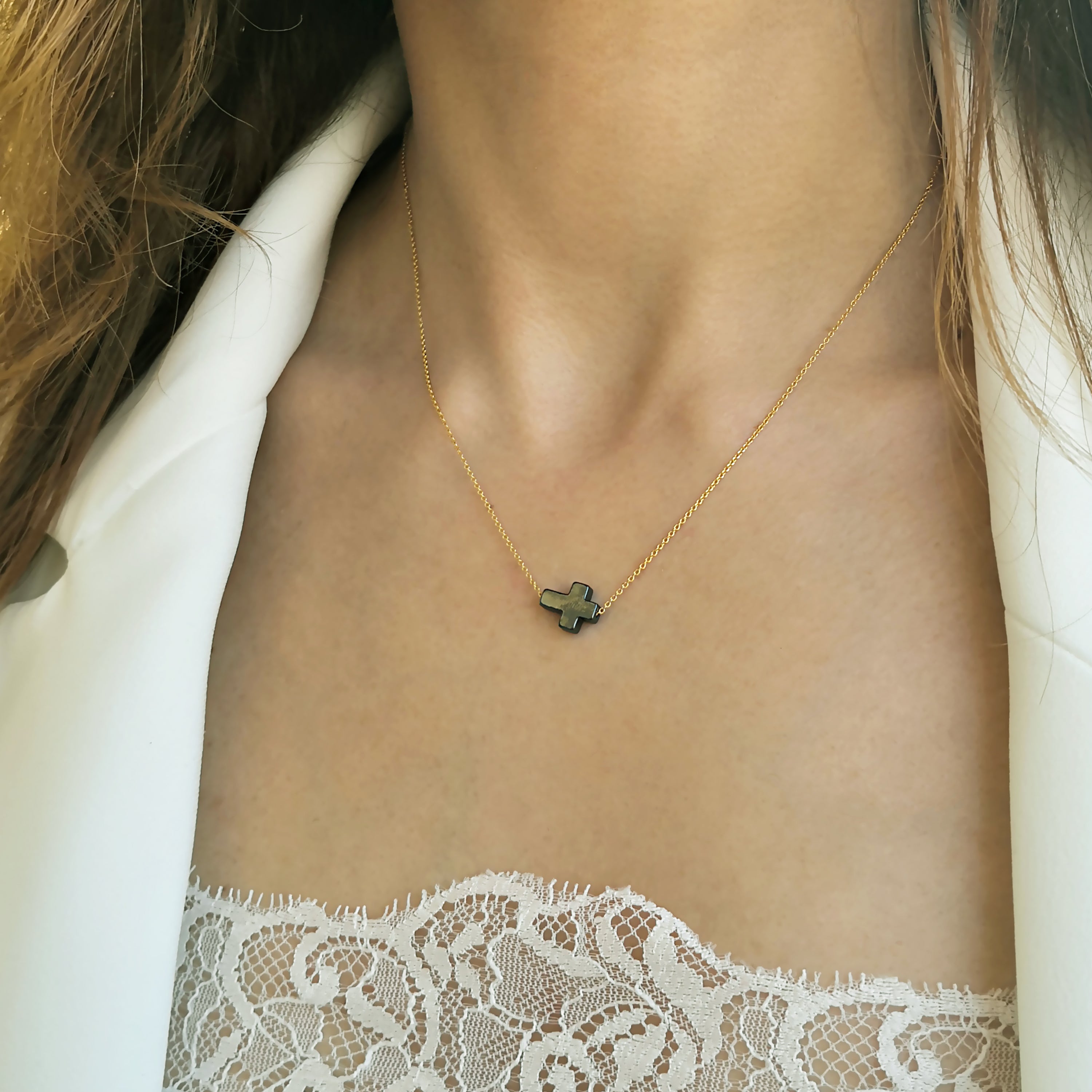 Tiny Cross Necklace with a Hematite Side Cross Pendant