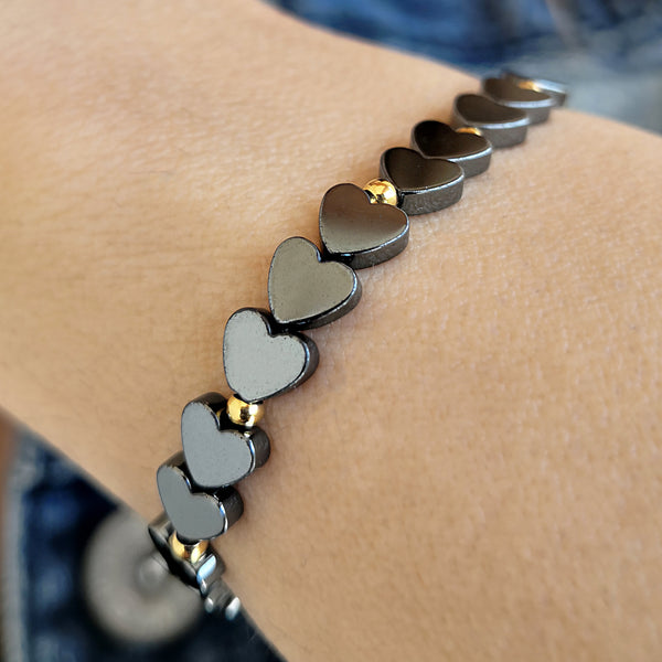 Dainty Boho Style Hematite Bracelet with hearts