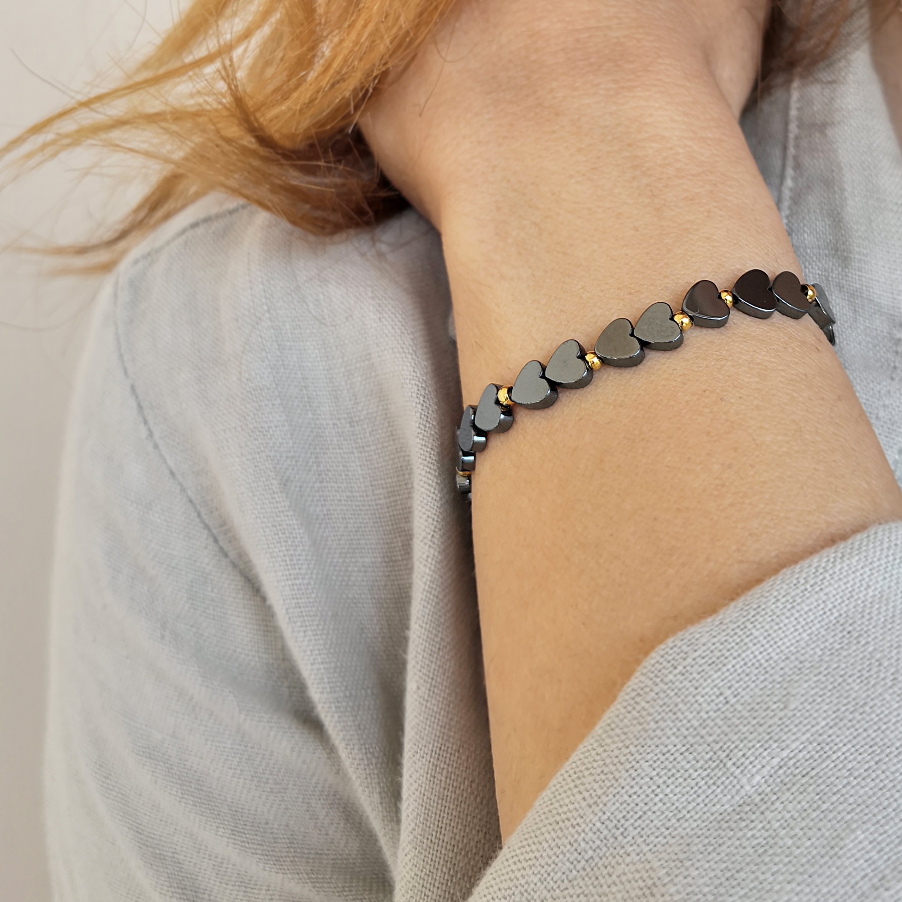 Dainty Boho Style Hematite Bracelet with hearts