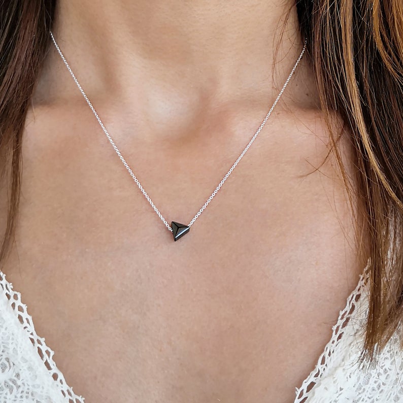 Silver Necklace with a hematite gemstone in triangle