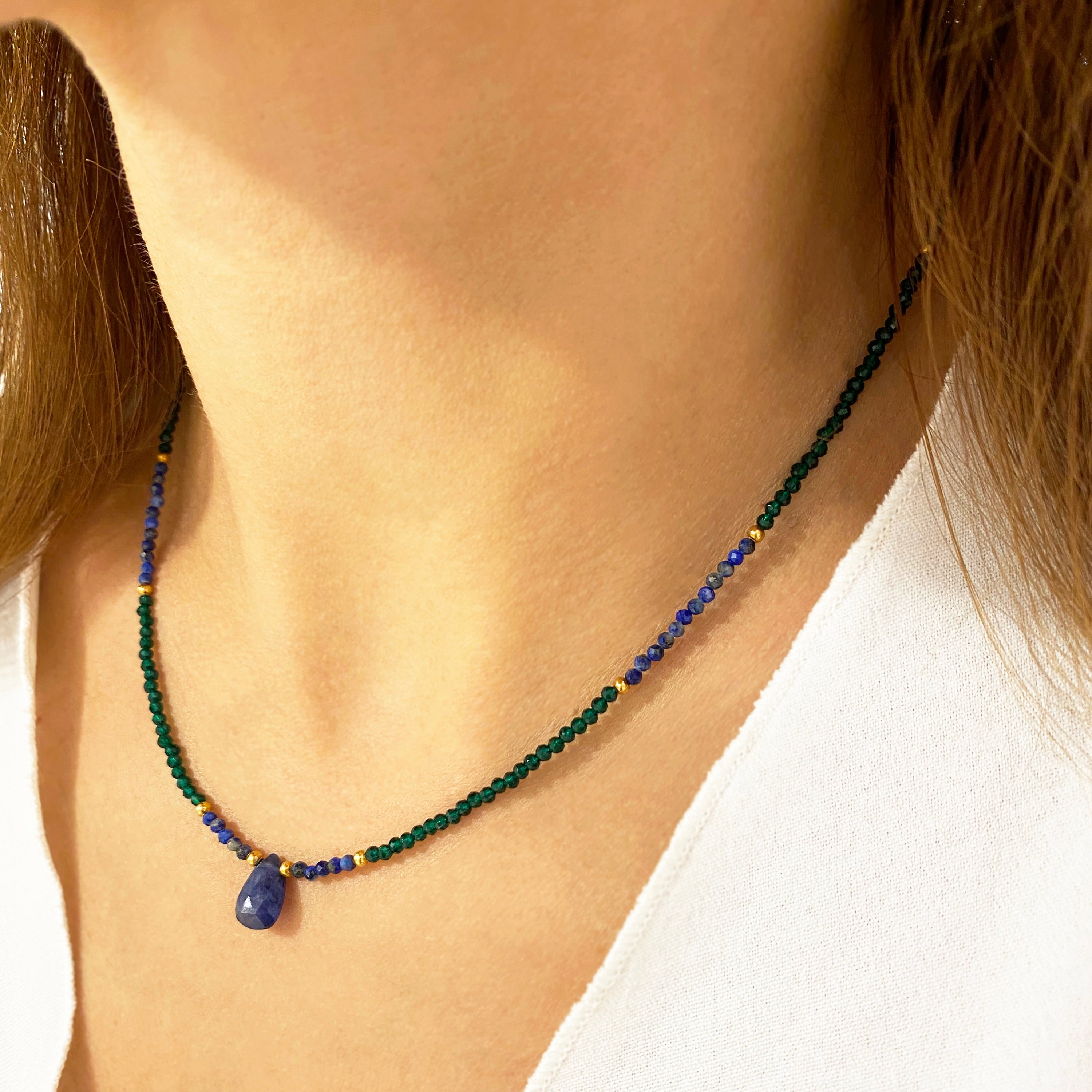 Seed Bead Choker with tiny gems of Lapis lazuli and Green Tourmaline