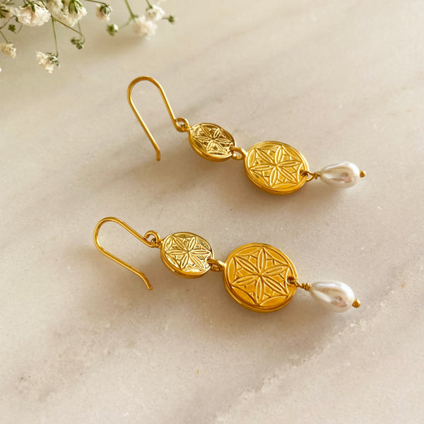 Gold Coin Earrings with Real Pearl drops and Greek Coins , Handmade in Greece