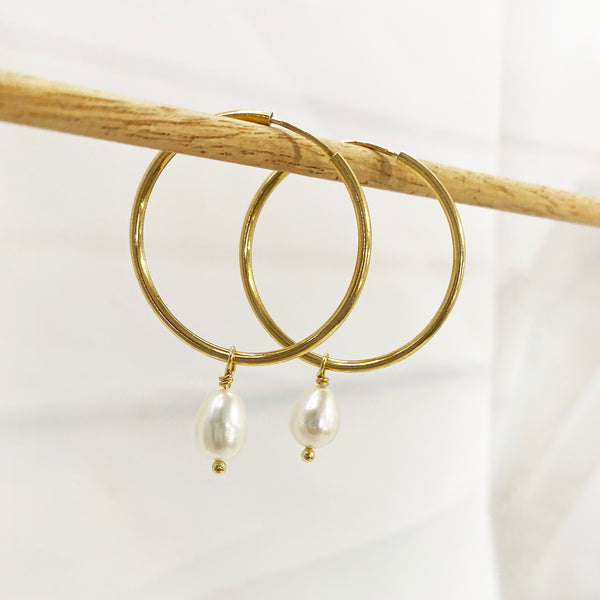 Real pearl large hoop earrings