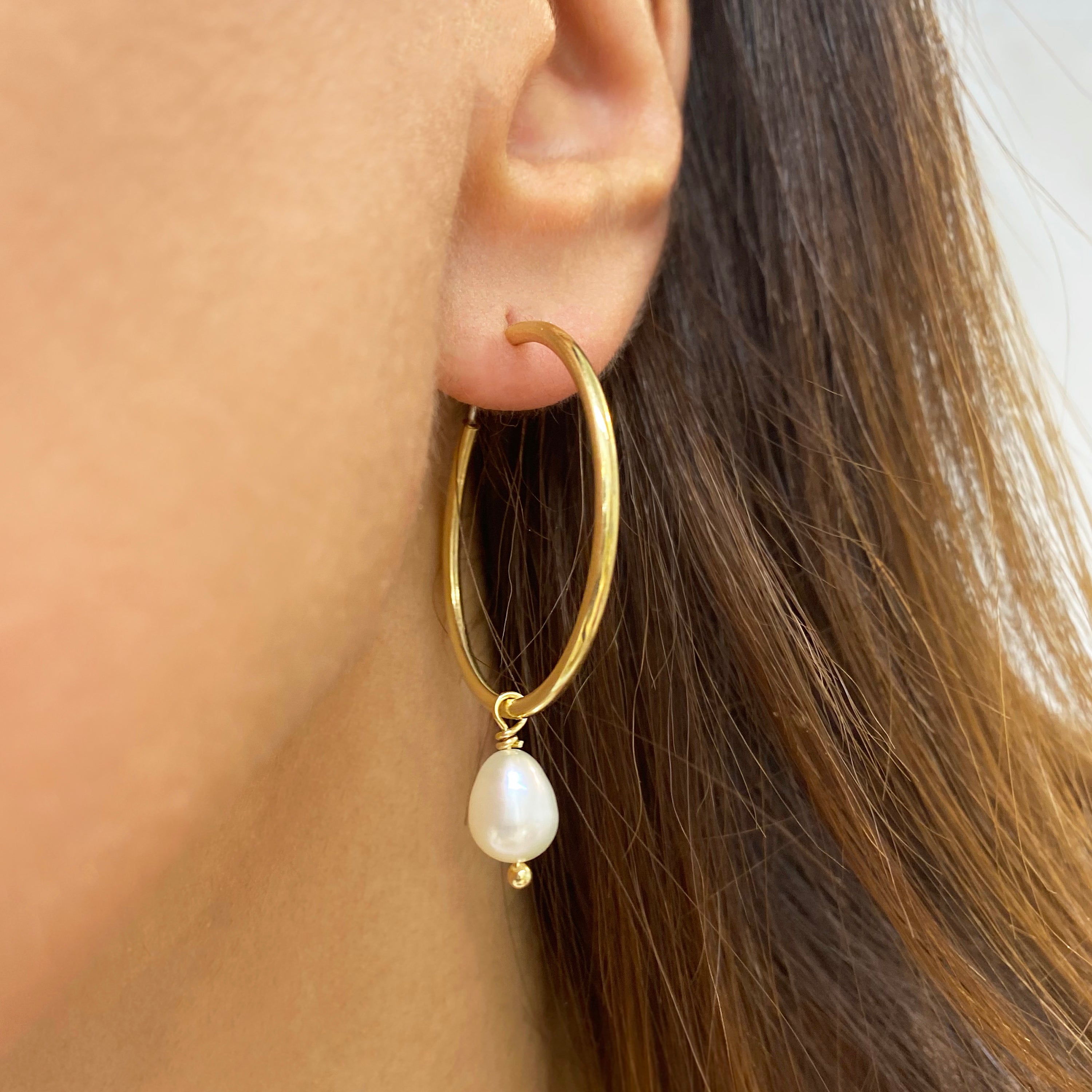 Real pearl large hoop earrings