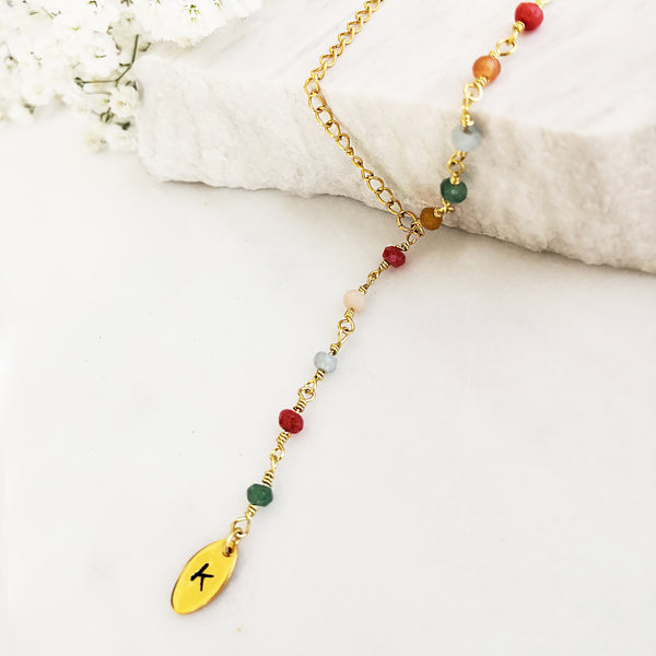 Custom Name Necklace wth Rosary of colourfull agate gemstones