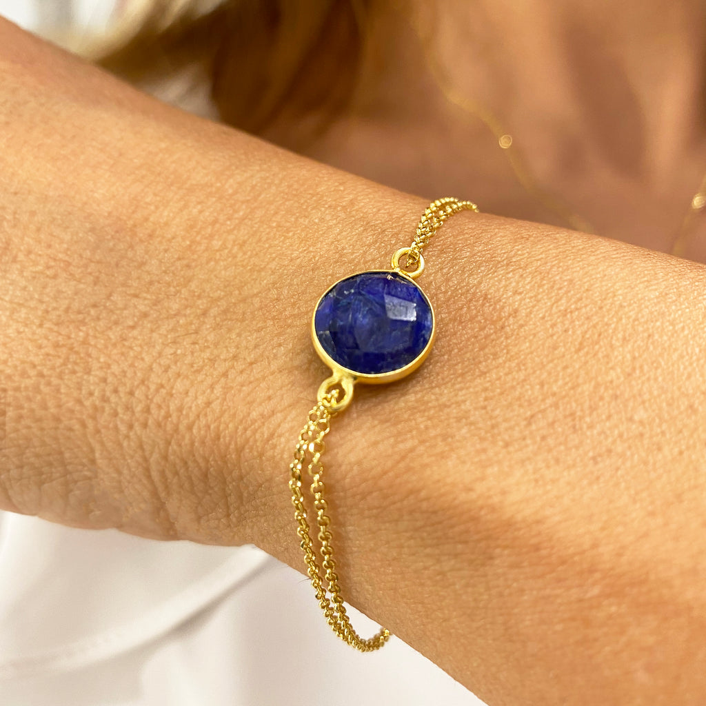 Round Blue Sapphire Bracelet with Flower Sterling Silver Capping   Rudraksha Ratna