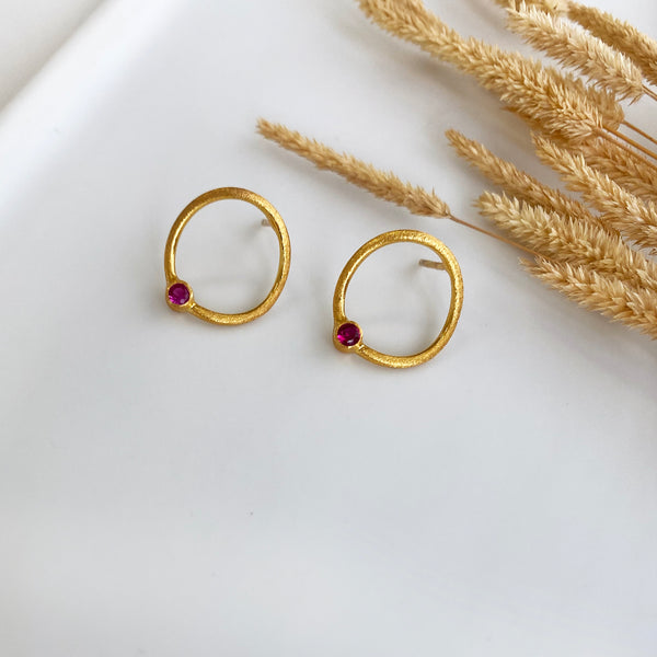 Ruby gold studs - silver 925, 24k Yellow gold finish