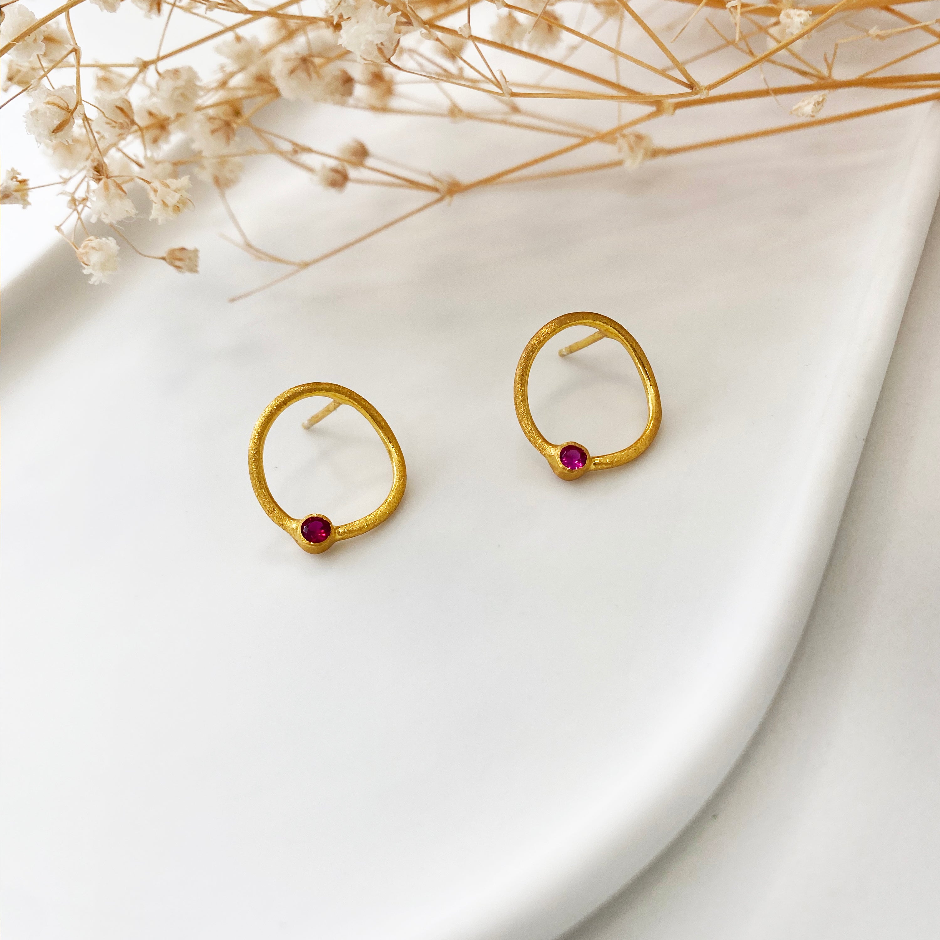 Ruby gold studs - silver 925, 24k Yellow gold finish