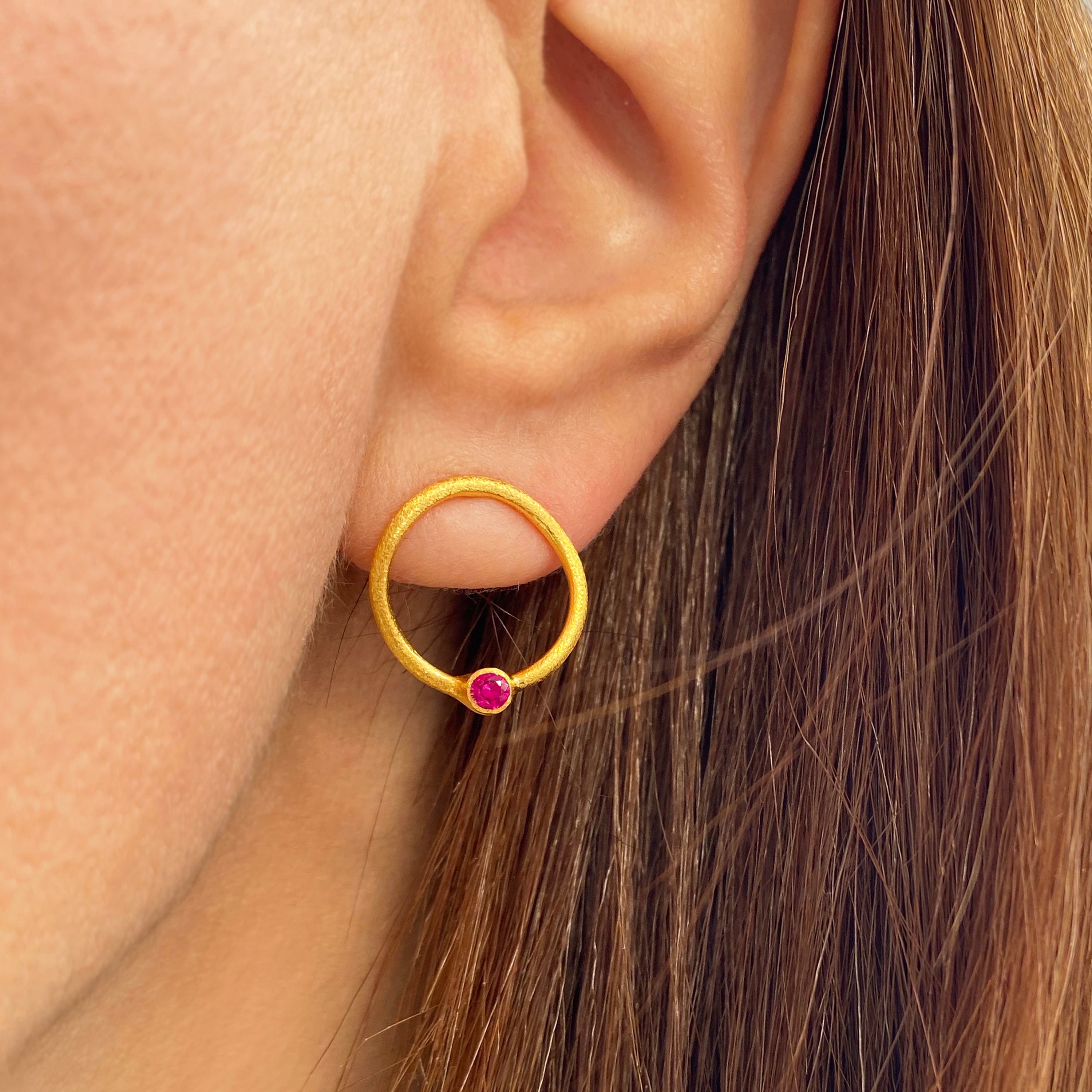 Ruby gold studs - silver 925, 24k Yellow gold finish