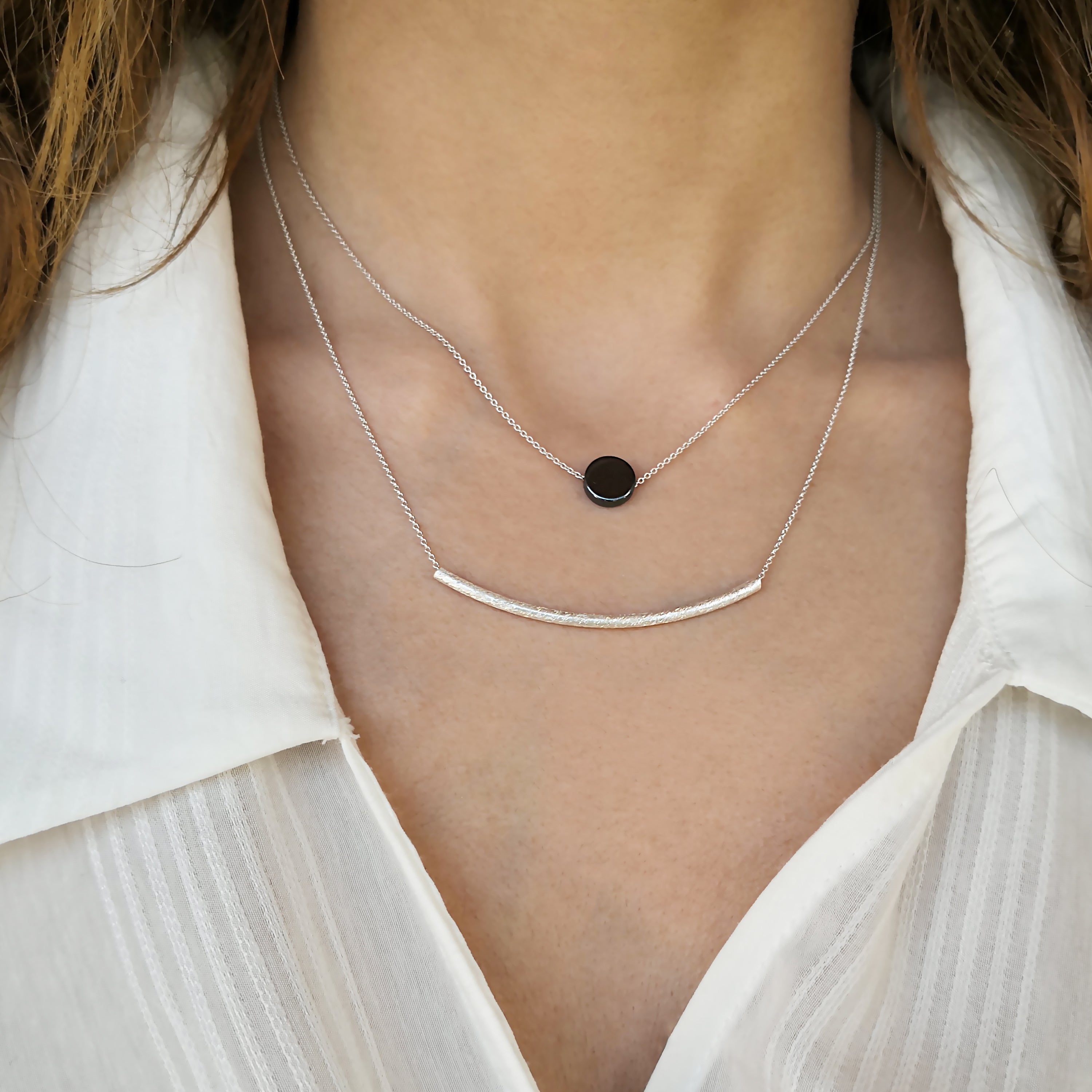 Minimalist  Set of 2 Necklaces with a silver bar and hematite gem