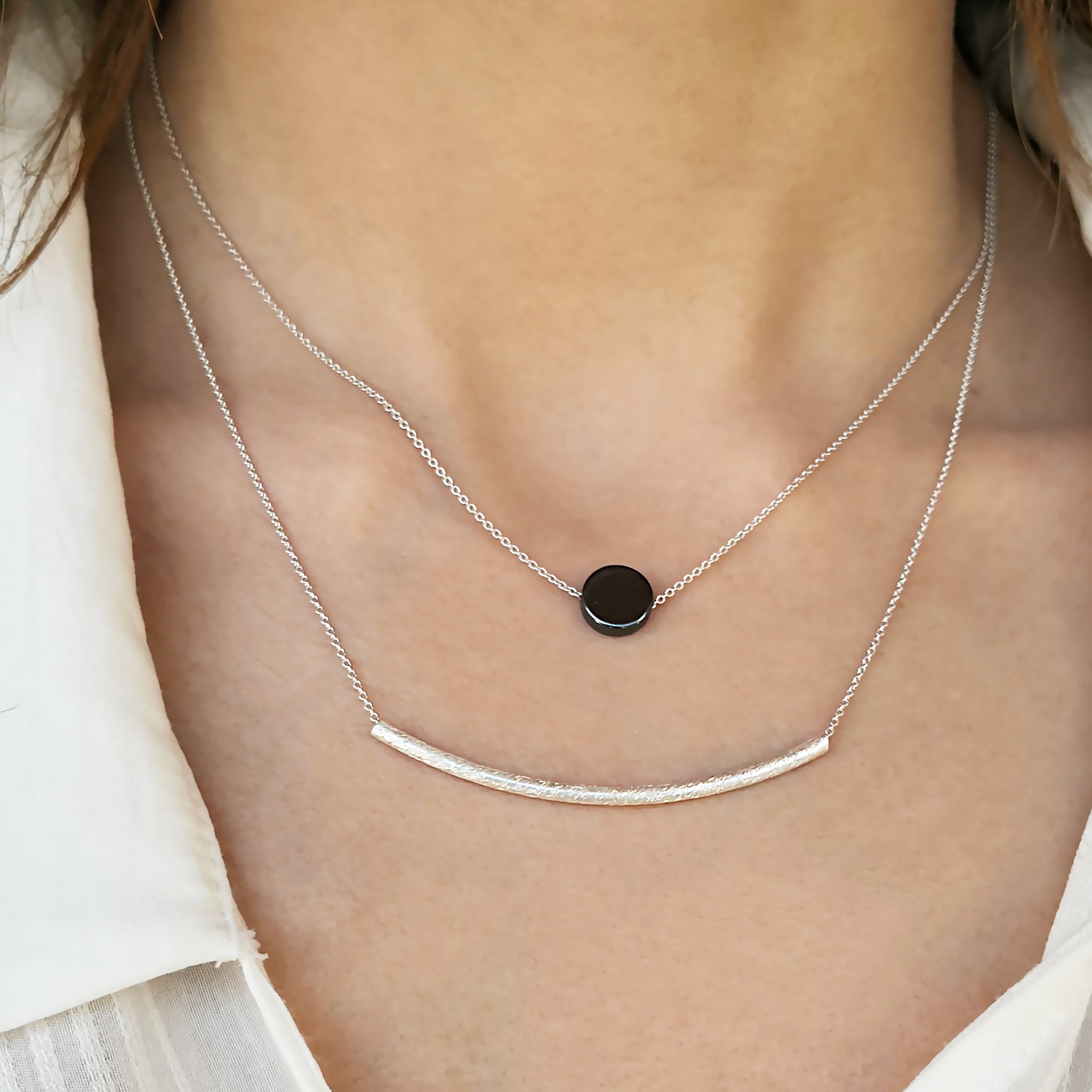 Minimalist  Set of 2 Necklaces with a silver bar and hematite gem