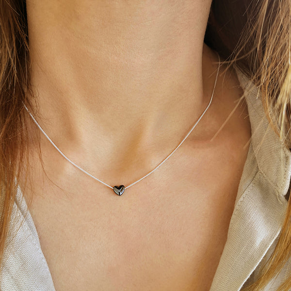 Hematite Heart Necklace in minimal style. Silver 925