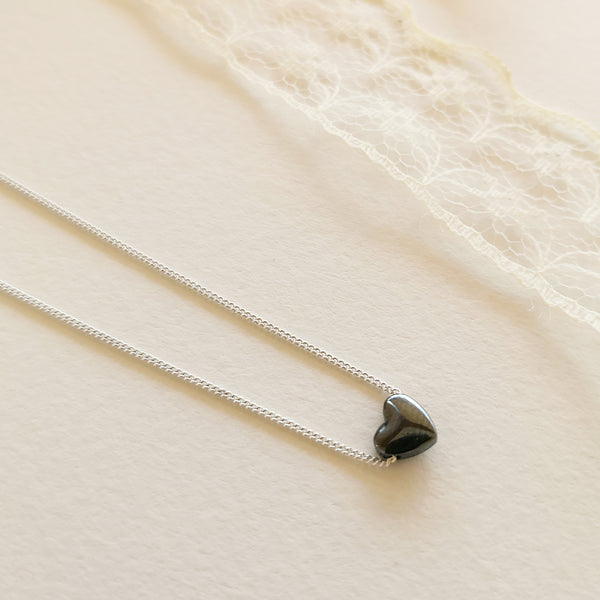 Hematite Heart Necklace in minimal style. Silver 925