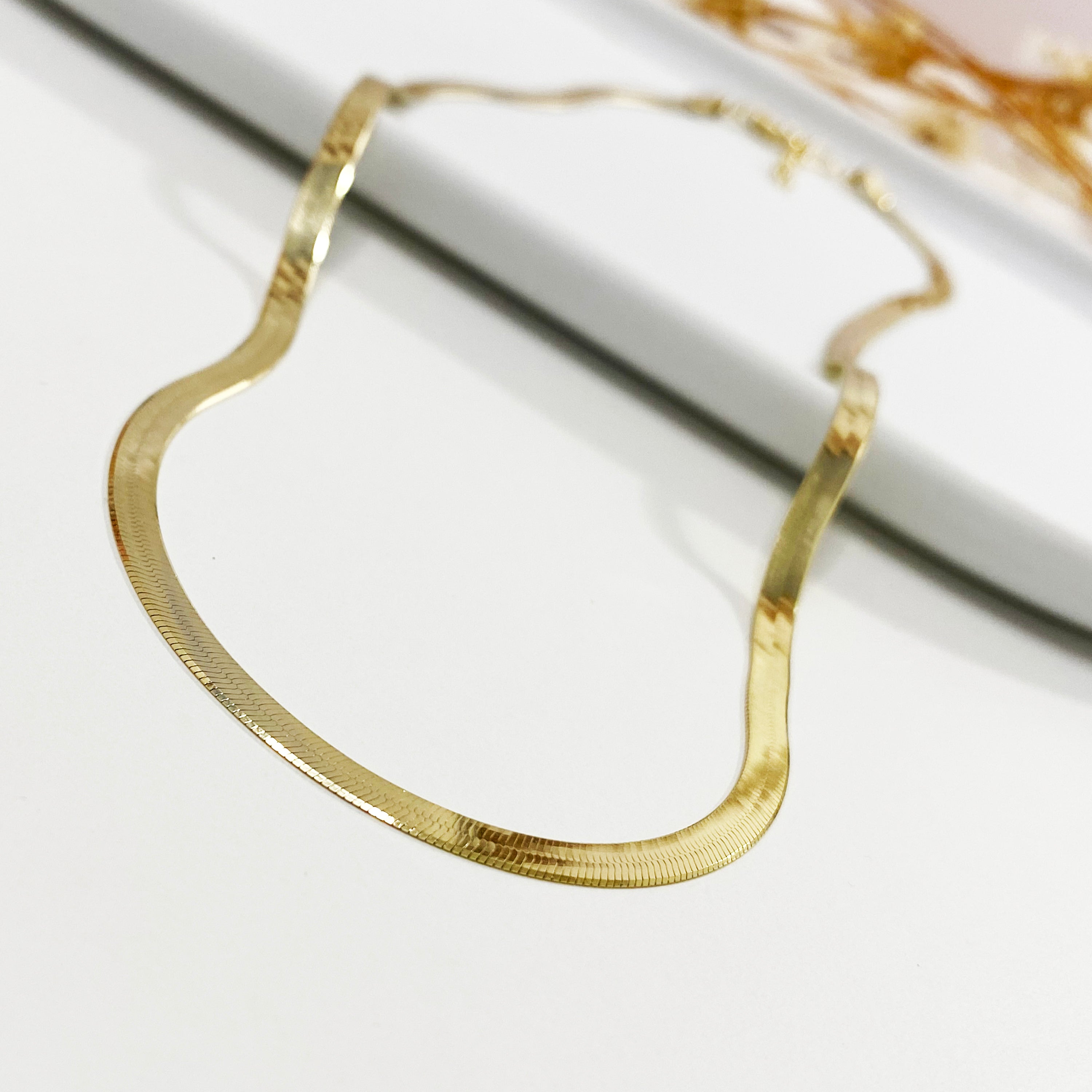 Herringbone Choker Neckalce with a Flat Snake Chain