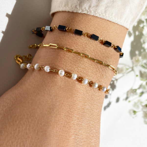 Set of 3 bracelets: paperclip bracelet, real pearl bracelet, hematite bracelet - Silver 925