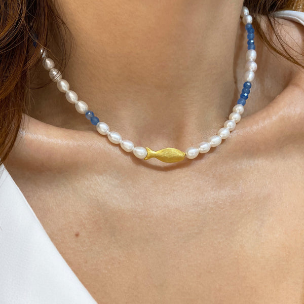 Seed Pearl Necklace with a gold fish and blue sapphire gems