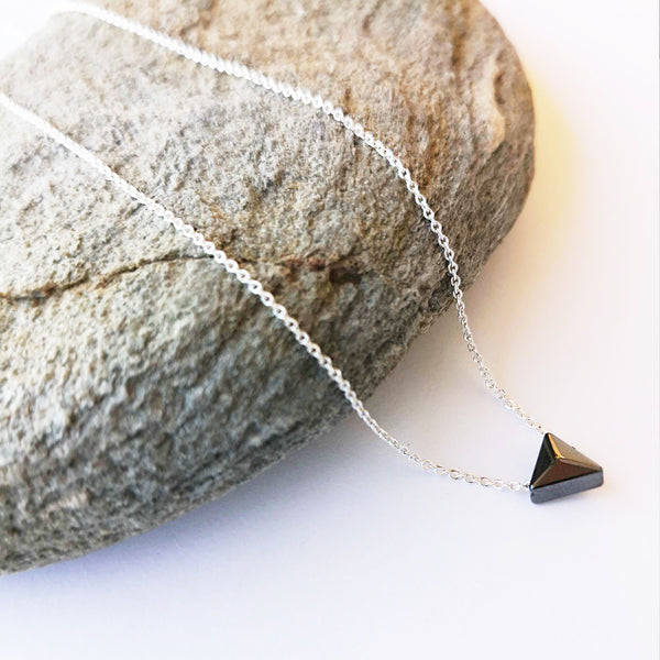 Silver Necklace with a hematite gemstone in triangle